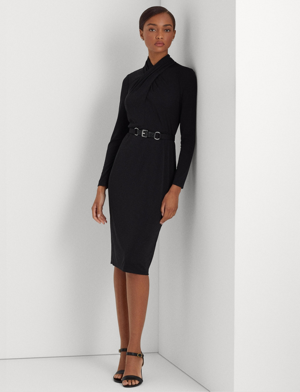 Lauren Ralph Lauren Women Belted Mockneck Stretch Jersey Dress Black Size 6